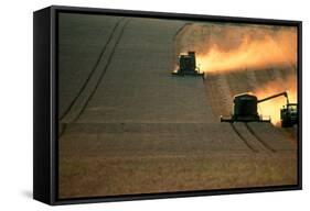 Combine Harvesters And Tractor Working In a Field-Jeremy Walker-Framed Stretched Canvas