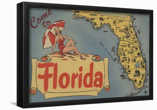 Come To Florida Map Of The State, Pin-Up Girl - Florida-null-Framed Poster