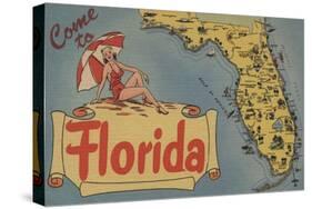 Come to Florida Map of the State, Pin-Up Girl - Florida-Lantern Press-Stretched Canvas