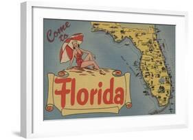 Come to Florida Map of the State, Pin-Up Girl - Florida-Lantern Press-Framed Art Print