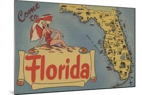 Come to Florida Map of the State, Pin-Up Girl - Florida-Lantern Press-Mounted Art Print