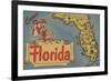 Come to Florida Map of the State, Pin-Up Girl - Florida-Lantern Press-Framed Premium Giclee Print