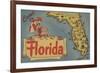 Come to Florida Map of the State, Pin-Up Girl - Florida-Lantern Press-Framed Art Print