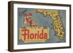 Come to Florida Map of the State, Pin-Up Girl - Florida-Lantern Press-Framed Art Print