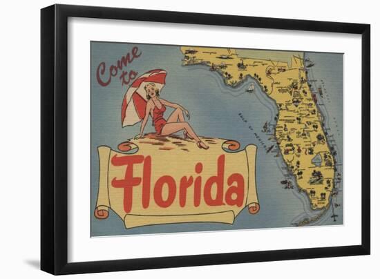 Come to Florida Map of the State, Pin-Up Girl - Florida-Lantern Press-Framed Art Print