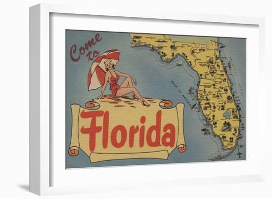 Come to Florida Map of the State, Pin-Up Girl - Florida-Lantern Press-Framed Art Print