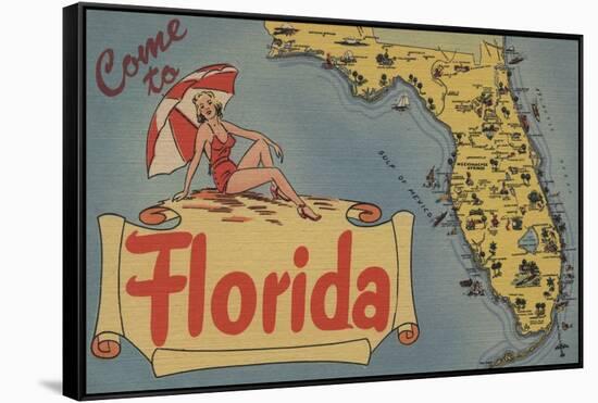 Come to Florida Map of the State, Pin-Up Girl - Florida-Lantern Press-Framed Stretched Canvas