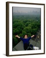 Comedian Jerry Seinfeld Perching Precariously on Roof Ledge Overlooking Central Park-Ted Thai-Framed Premium Photographic Print