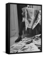 Comedian Mort Sahl at Home Reading Newspaper-Grey Villet-Framed Stretched Canvas