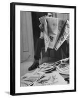 Comedian Mort Sahl at Home Reading Newspaper-Grey Villet-Framed Premium Photographic Print