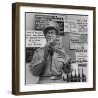 Comedian Phil Silvers Shuffling Cards on His Television Show-Yale Joel-Framed Premium Photographic Print