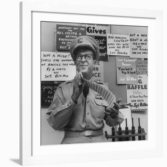 Comedian Phil Silvers Shuffling Cards on His Television Show-Yale Joel-Framed Premium Photographic Print