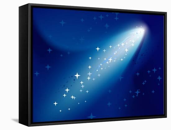 Comet on Dark Blue Sky with Small Sparkling Stars. Raster Version.-annanurrka-Framed Stretched Canvas