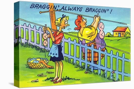 Comic Cartoon - Bragging, Always Bragging; Women Hang Different Sized Bra on Line-Lantern Press-Stretched Canvas
