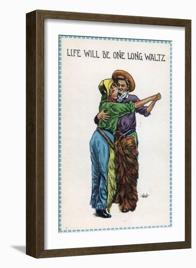 Comic Cartoon - Cowgirl and Cowboy Dancing; Life's Gonna Be One Long Waltz-Lantern Press-Framed Art Print