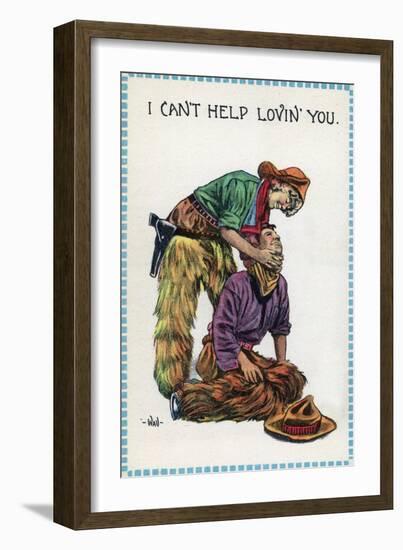 Comic Cartoon - Cowgirl Holds Cowboy by Neck; I Can't Help Lovin' You-Lantern Press-Framed Art Print