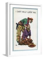 Comic Cartoon - Cowgirl Holds Cowboy by Neck; I Can't Help Lovin' You-Lantern Press-Framed Art Print