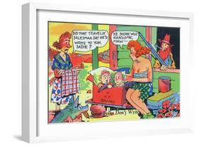 Comic Cartoon - Hillbillies; Mom Asking Daughter if the Travelin' Salesman Would Write-Lantern Press-Framed Art Print