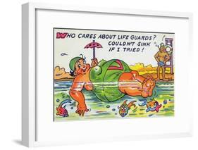 Comic Cartoon - Large Lady Doesn't Need Lifeguards, She Won't Sink-Lantern Press-Framed Art Print