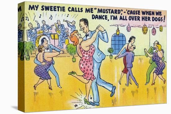 Comic Cartoon - Man Says He's Called Mustard Cause When Dancing, He's All over the Dogs-Lantern Press-Stretched Canvas