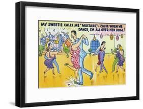 Comic Cartoon - Man Says He's Called Mustard Cause When Dancing, He's All over the Dogs-Lantern Press-Framed Art Print