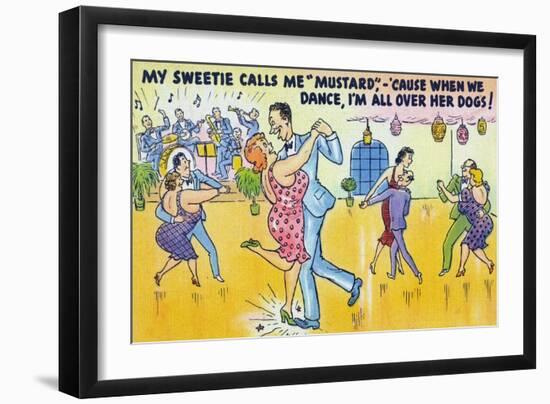 Comic Cartoon - Man Says He's Called Mustard Cause When Dancing, He's All over the Dogs-Lantern Press-Framed Art Print