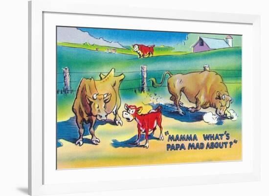 Comic Cartoon - Red Calf Asking Mamma Cow Why Papa Bull is Mad-Lantern Press-Framed Art Print