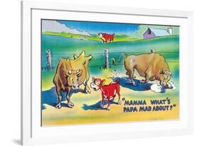 Comic Cartoon - Red Calf Asking Mamma Cow Why Papa Bull is Mad-Lantern Press-Framed Art Print