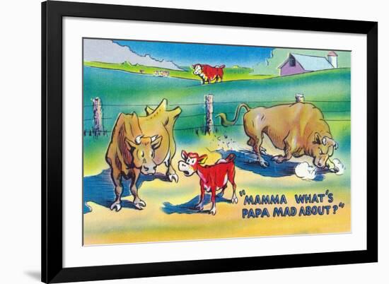Comic Cartoon - Red Calf Asking Mamma Cow Why Papa Bull is Mad-Lantern Press-Framed Art Print