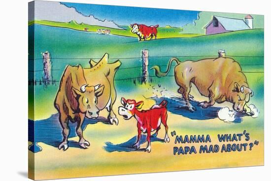 Comic Cartoon - Red Calf Asking Mamma Cow Why Papa Bull is Mad-Lantern Press-Stretched Canvas