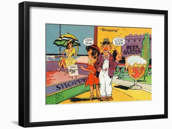 Comic Cartoon - Shopping Scene; Woman Says Look Dear, Husband Says Look Beer-Lantern Press-Framed Art Print