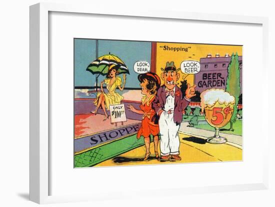 Comic Cartoon - Shopping Scene; Woman Says Look Dear, Husband Says Look Beer-Lantern Press-Framed Art Print