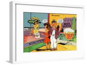 Comic Cartoon - Shopping Scene; Woman Says Look Dear, Husband Says Look Beer-Lantern Press-Framed Art Print