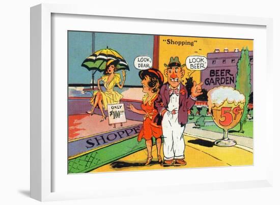 Comic Cartoon - Shopping Scene; Woman Says Look Dear, Husband Says Look Beer-Lantern Press-Framed Art Print