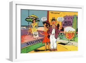 Comic Cartoon - Shopping Scene; Woman Says Look Dear, Husband Says Look Beer-Lantern Press-Framed Art Print