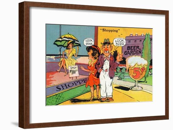 Comic Cartoon - Shopping Scene; Woman Says Look Dear, Husband Says Look Beer-Lantern Press-Framed Art Print