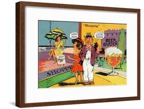 Comic Cartoon - Shopping Scene; Woman Says Look Dear, Husband Says Look Beer-Lantern Press-Framed Art Print