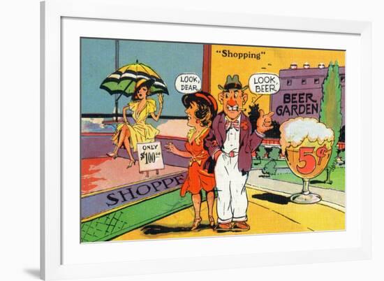 Comic Cartoon - Shopping Scene; Woman Says Look Dear, Husband Says Look Beer-Lantern Press-Framed Art Print