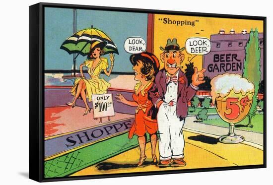 Comic Cartoon - Shopping Scene; Woman Says Look Dear, Husband Says Look Beer-Lantern Press-Framed Stretched Canvas