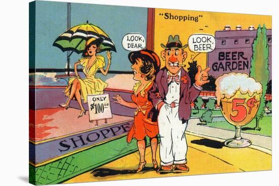 Comic Cartoon - Shopping Scene; Woman Says Look Dear, Husband Says Look Beer-Lantern Press-Stretched Canvas