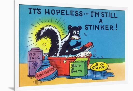 Comic Cartoon - Skunk Bathing; It's Hopeless, I'm Still a Stinker-Lantern Press-Framed Art Print