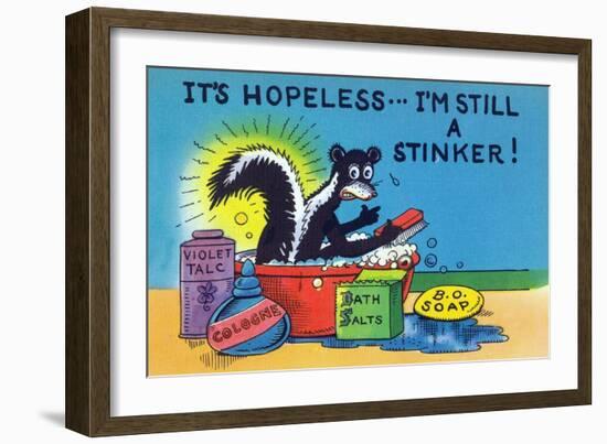 Comic Cartoon - Skunk Bathing; It's Hopeless, I'm Still a Stinker-Lantern Press-Framed Art Print