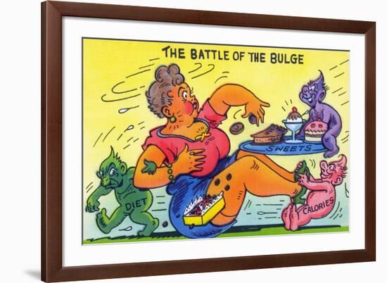 Comic Cartoon - The Battle of the Bulge; Woman Eating Snacks-Lantern Press-Framed Premium Giclee Print