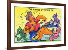 Comic Cartoon - The Battle of the Bulge; Woman Eating Snacks-Lantern Press-Framed Premium Giclee Print