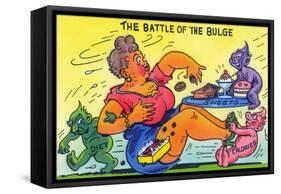 Comic Cartoon - The Battle of the Bulge; Woman Eating Snacks-Lantern Press-Framed Stretched Canvas