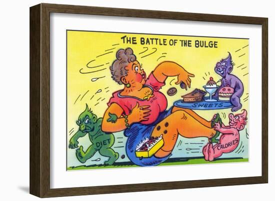 Comic Cartoon - The Battle of the Bulge; Woman Eating Snacks-Lantern Press-Framed Art Print