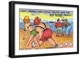 Comic Cartoon - Thin and Fat Ladies Walking on Dock; Little Tramp and Old Barge-Lantern Press-Framed Art Print