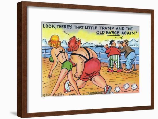 Comic Cartoon - Thin and Fat Ladies Walking on Dock; Little Tramp and Old Barge-Lantern Press-Framed Art Print