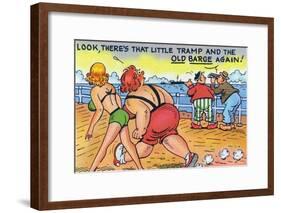 Comic Cartoon - Thin and Fat Ladies Walking on Dock; Little Tramp and Old Barge-Lantern Press-Framed Art Print