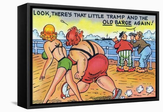 Comic Cartoon - Thin and Fat Ladies Walking on Dock; Little Tramp and Old Barge-Lantern Press-Framed Stretched Canvas